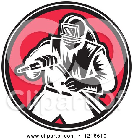 Clipart of a Black and White Woodcut Sandblaster Worker in a Red Circle - Royalty Free Vector Illustration by patrimonio