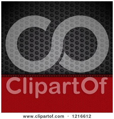 Clipart of a 3d Red Leather Panel and Stitches over Black Perforated Metal - Royalty Free Vector Illustration by elaineitalia