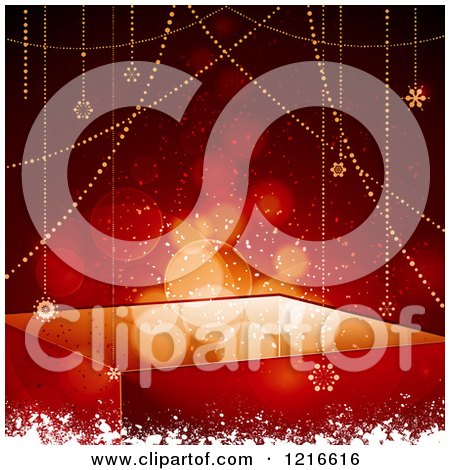 Clipart of a Red Bokeh Flare Background with Suspended Christmas Stars a Gift Box and Snow - Royalty Free Vector Illustration by elaineitalia