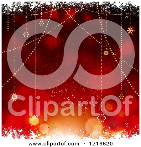 Clipart of a Red Bokeh Flare Background with Suspended Christmas Stars and Snow - Royalty Free Vector Illustration by elaineitalia