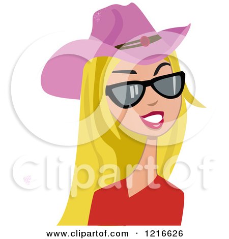 Clipart of a Stylish Blond Cowgirl Woman with a Pink Hat and Sunglasses - Royalty Free Vector Illustration by peachidesigns