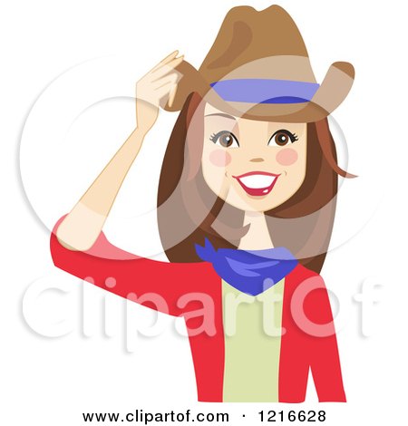 Clipart of a Happy Brunette Cowgirl Woman Touching Her Hat with a Blue Stripe - Royalty Free Vector Illustration by peachidesigns