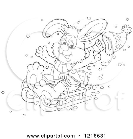 Clipart of an Outlined Happy Rabbit Sledding - Royalty Free Vector Illustration by Alex Bannykh