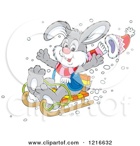 Clipart of a Happy Rabbit Sledding - Royalty Free Vector Illustration by Alex Bannykh