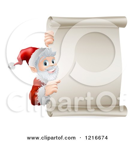 Clipart of a Young Santa Claus Pointing to a Scroll Christmsa Sign - Royalty Free Vector Illustration by AtStockIllustration