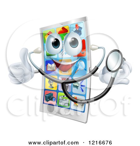 Clipart of a Smart Phone Mascot Holding a Thumb up and Wearing a Stethoscope - Royalty Free Vector Illustration by AtStockIllustration