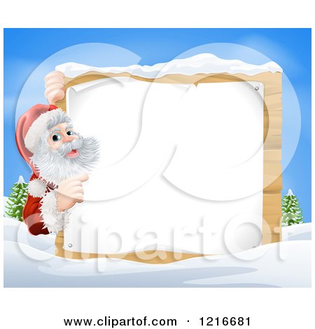 Clipart of a Young Santa Claus Pointing to a Christmsa Sign in the Snow - Royalty Free Vector Illustration by AtStockIllustration