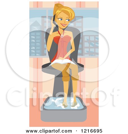 Clipart of a Happy Woman Talking On Her Phone While Soaking Her Feet In An Urban Spa Royalty Free Vector Illustration by Amanda Kate