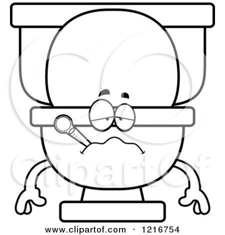 Clipart of an Outlined Sick Toilet Mascot with a Thermometer in His Mouth - Royalty Free Vector Illustration by Cory Thoman
