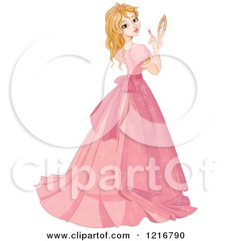 Clipart of a Beautiful Princess in a Pink Gown, Looking Back and Using a Mirror to Apply Lipstic - Royalty Free Vector Illustration by Pushkin