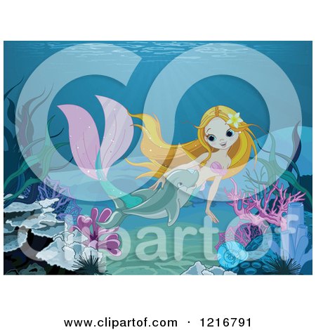 Clipart of a Cute Dolphin Swimming with a Pretty Blond Mermaid in the Sea - Royalty Free Vector Illustration by Pushkin