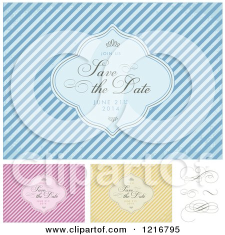 Clipart of Save the Date Designs with a Frame and Sample Text over Diagonal Stripes - Royalty Free Vector Illustration by BestVector