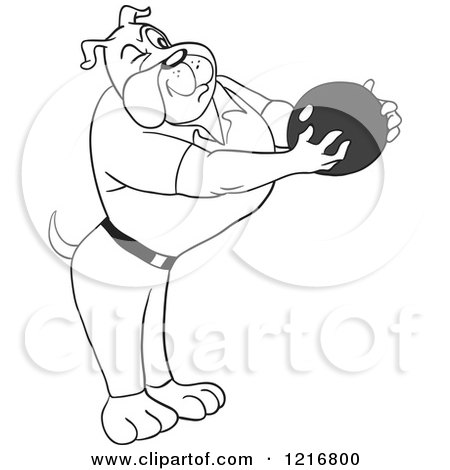 Clipart of a Bulldog Holding a Bowling Ball and Aiming - Royalty Free Vector Illustration by LaffToon