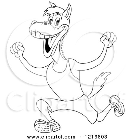 Clipart of an Outlined Track and Field Horse Mascot Running and Cheering - Royalty Free Vector Illustration by LaffToon