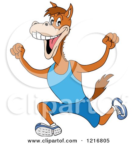 Clipart of a Track and Field Horse Mascot Running and Cheering - Royalty Free Vector Illustration by LaffToon