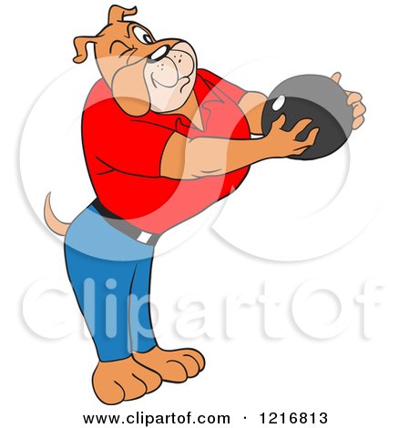 Clipart of a Bulldog Holding a Bowling Ball and Aiming - Royalty Free Vector Illustration by LaffToon