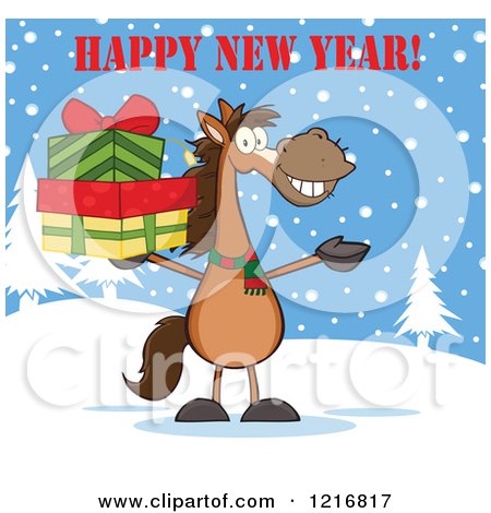 Clipart of a Happy New Year Greeting over a Brown Horse Holding Christmas Gifts in the Snow - Royalty Free Vector Illustration by Hit Toon