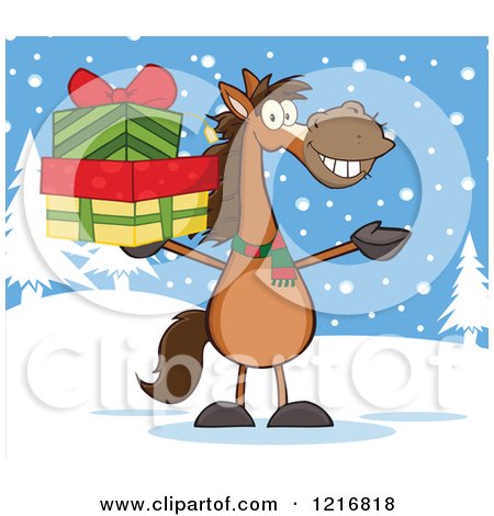 Clipart of a Happy Brown Horse Holding up a Stack of Christmas Gifts in the Snow - Royalty Free Vector Illustration by Hit Toon