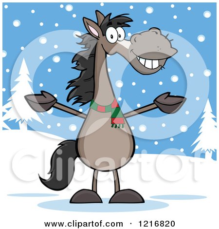 Clipart of a Happy Welcoming Gray Horse in the Snow - Royalty Free Vector Illustration by Hit Toon