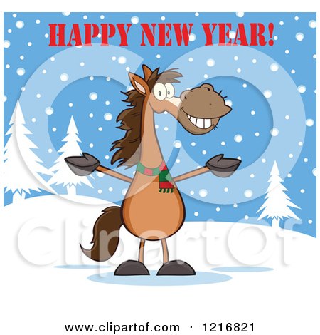Clipart of a Happy New Year Greeting over a Welcoming Brown Horse in the Snow - Royalty Free Vector Illustration by Hit Toon