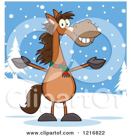 Clipart of a Happy Welcoming Brown Horse in the Snow - Royalty Free Vector Illustration by Hit Toon