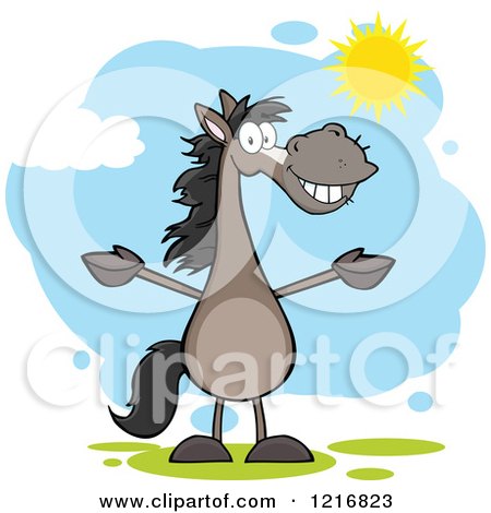 Clipart of a Happy Welcoming Gray Horse Standing Upright with Open Arms in the Sun - Royalty Free Vector Illustration by Hit Toon