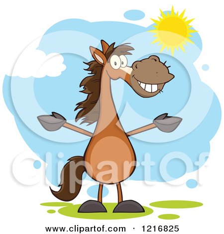 Clipart of a Happy Brown Horse Standing Upright and Holding out His Legs in the Sunshine - Royalty Free Vector Illustration by Hit Toon