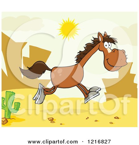 Clipart of a Happy Brown Horse Running in a Desert at Sunset - Royalty Free Vector Illustration by Hit Toon