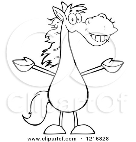 Clipart of a Happy Outlined Horse Standing Upright and Holding out His Legs - Royalty Free Vector Illustration by Hit Toon