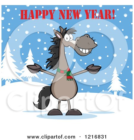 Clipart of a Happy New Year Greeting over a Welcoming Gray Horse in the Snow - Royalty Free Vector Illustration by Hit Toon