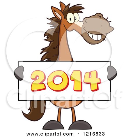 Clipart of a Happy Brown Horse Holding a New Year 2014 Sign - Royalty Free Vector Illustration by Hit Toon