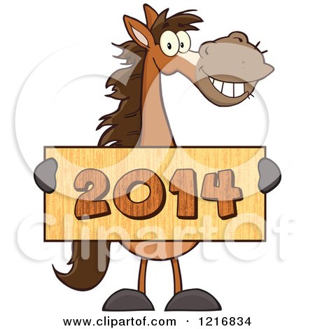 Clipart of a Happy Brown Horse Holding a Wooden New Year 2014 Sign - Royalty Free Vector Illustration by Hit Toon