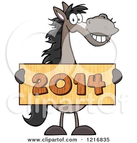 Clipart of a Happy Gray Horse Holding a New Year 2014 Sign - Royalty Free Vector Illustration by Hit Toon