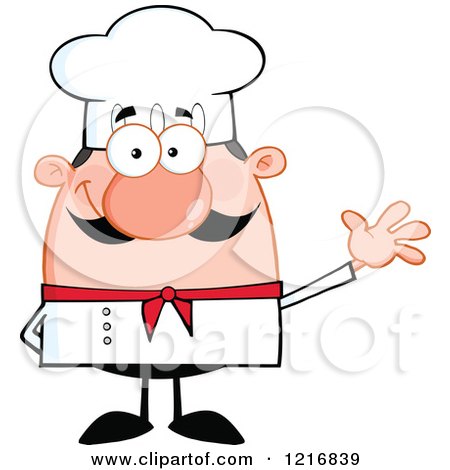 Clipart of a Cartoon Happy Waving Caucasian Chef with a Mustache - Royalty Free Vector Illustration by Hit Toon