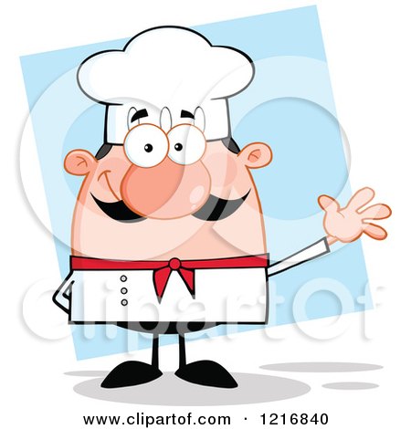 Clipart of a Cartoon Happy Waving White Chef with a Mustache, over Blue - Royalty Free Vector Illustration by Hit Toon