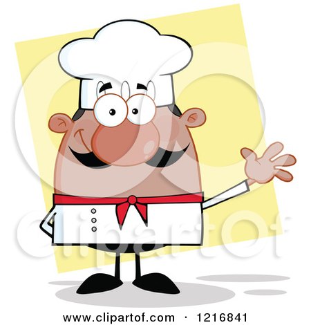 Clipart of a Cartoon Happy Waving Black Chef with a Mustache, over Yellow - Royalty Free Vector Illustration by Hit Toon