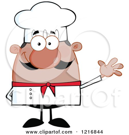 Clipart of a Cartoon Happy Waving African American Chef with a Mustache - Royalty Free Vector Illustration by Hit Toon