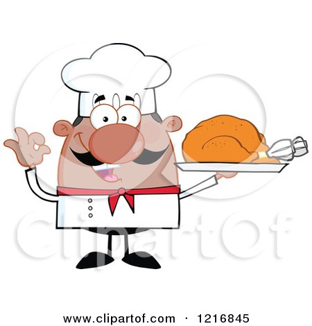 Clipart of a Cartoon Happy Black Chef with a Mustache, Holding a Roasted Turkey on a Platter - Royalty Free Vector Illustration by Hit Toon