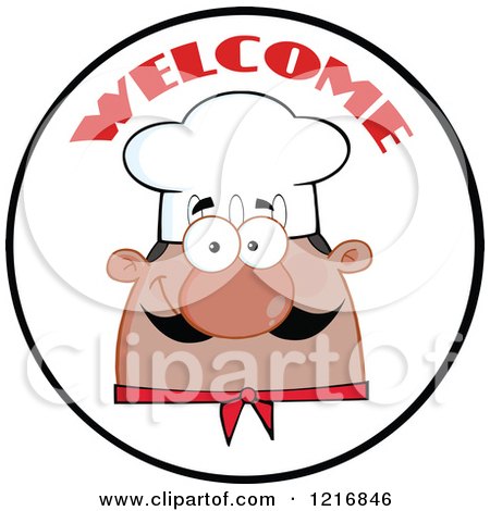 Clipart of a Cartoon Black Happy Chef with a Mustache in a Welcome Circle - Royalty Free Vector Illustration by Hit Toon