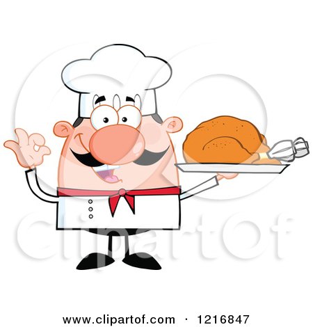 Clipart of a Cartoon Happy White Chef with a Mustache, Holding a Roasted Turkey on a Platter - Royalty Free Vector Illustration by Hit Toon