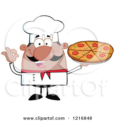 Clipart of a Cartoon Happy Black Chef with a Mustache, Holding a Pizza - Royalty Free Vector Illustration by Hit Toon