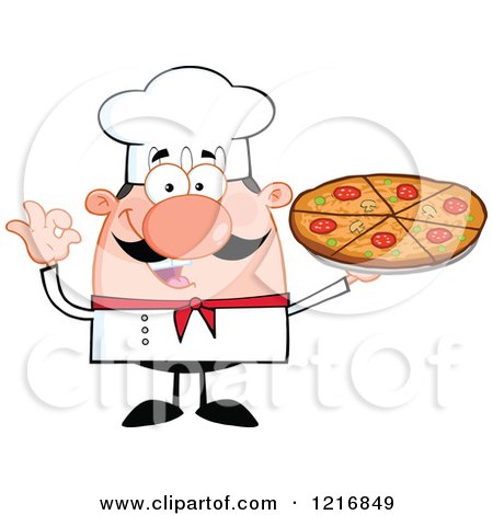 Clipart of a Cartoon Happy White Chef with a Mustache, Holding a Pizza - Royalty Free Vector Illustration by Hit Toon