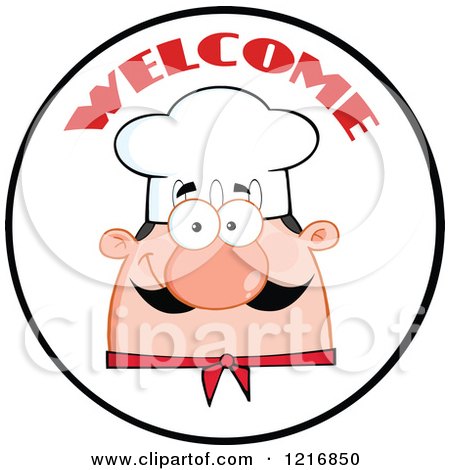 Clipart of a Cartoon Happy Chef with a Mustache in a Welcome Circle - Royalty Free Vector Illustration by Hit Toon