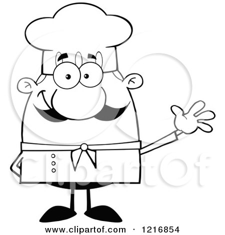 Clipart of an Outlined Cartoon Happy Waving Chef with a Mustache - Royalty Free Vector Illustration by Hit Toon