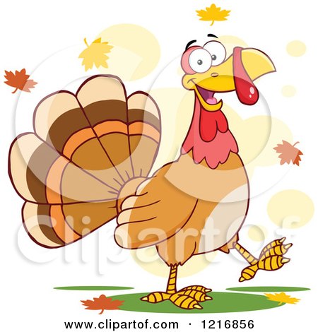 Clipart of a Cartoon Happy Turey Bird Walking in Autumn Leaves - Royalty Free Vector Illustration by Hit Toon