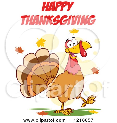 Clipart of a Cartoon Happy Turey Bird Walking Under Happy Thanksgiving Text - Royalty Free Vector Illustration by Hit Toon
