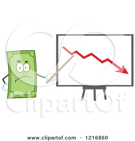 Clipart of a Mad Dollar Bill Mascot Pointing to a Loss Chart - Royalty Free Vector Illustration by Hit Toon