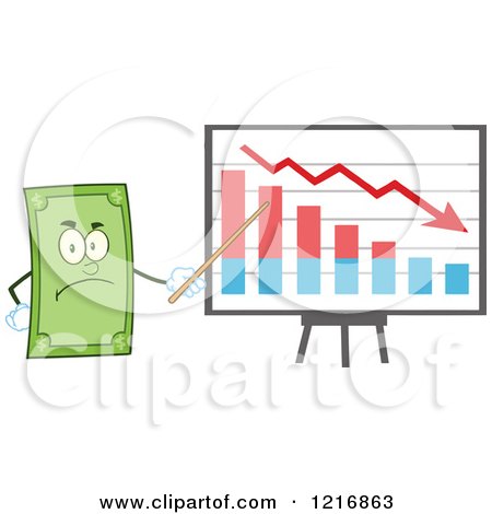 Clipart of a Mad Dollar Bill Mascot Pointing to a Decline Graph - Royalty Free Vector Illustration by Hit Toon