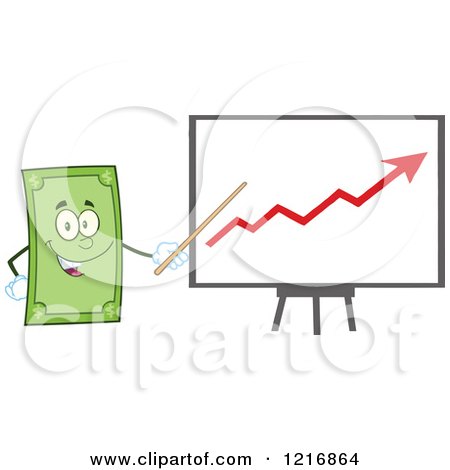 Clipart of a Happy Dollar Bill Mascot Pointing to a Profit Chart - Royalty Free Vector Illustration by Hit Toon