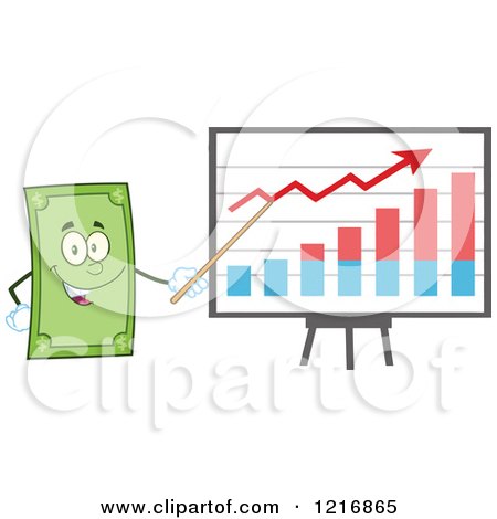 Clipart of a Happy Dollar Bill Mascot Pointing to a Growth Graph - Royalty Free Vector Illustration by Hit Toon
